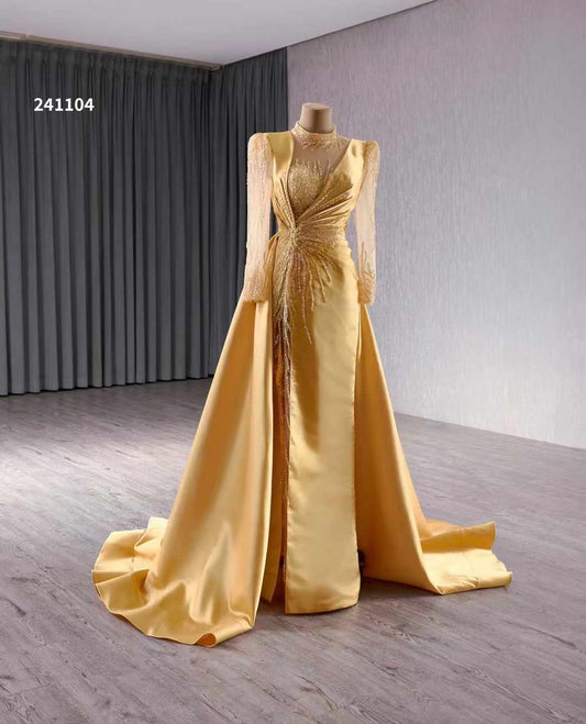 Luxury Model Gold Long Sleeve Flormal Prom Party Gown Dress 241104