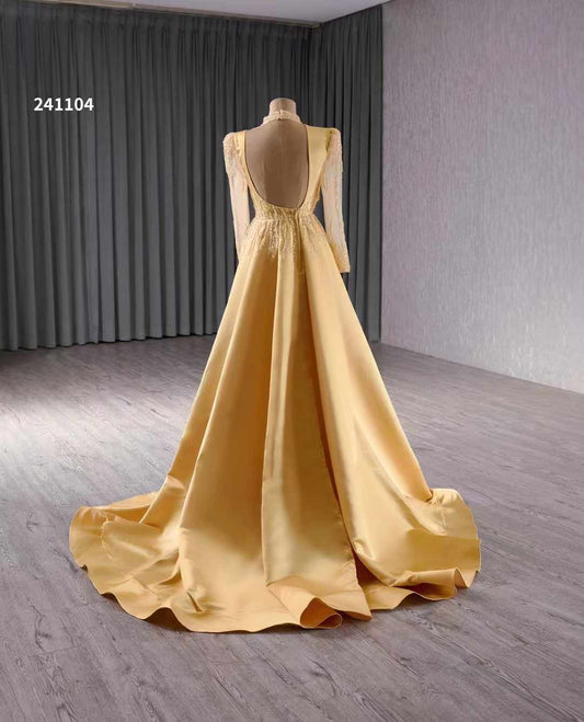 Luxury Model Gold Long Sleeve Flormal Prom Party Gown Dress 241104