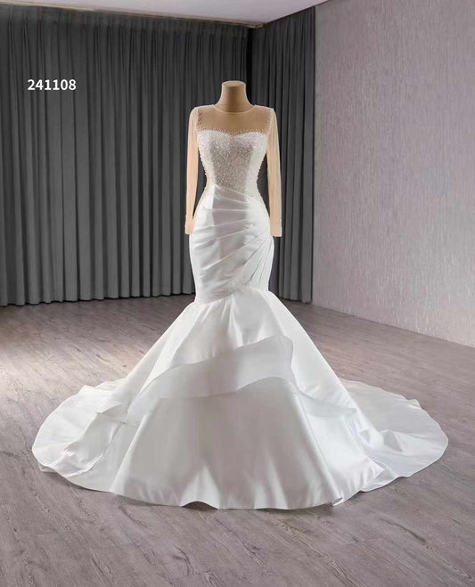 Luxury Model Beading Mermaid Wedding Dresses Long Sleeve Pleat Bridal Dress 241108