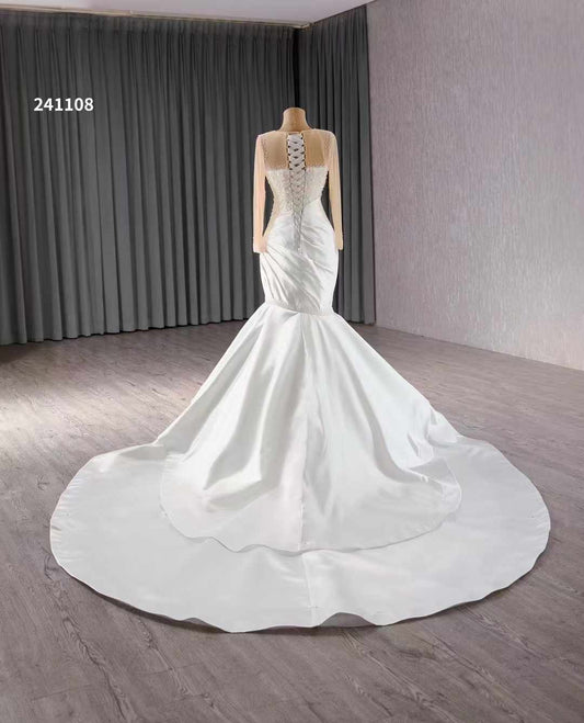 Luxury Model Beading Mermaid Wedding Dresses Long Sleeve Pleat Bridal Dress 241108