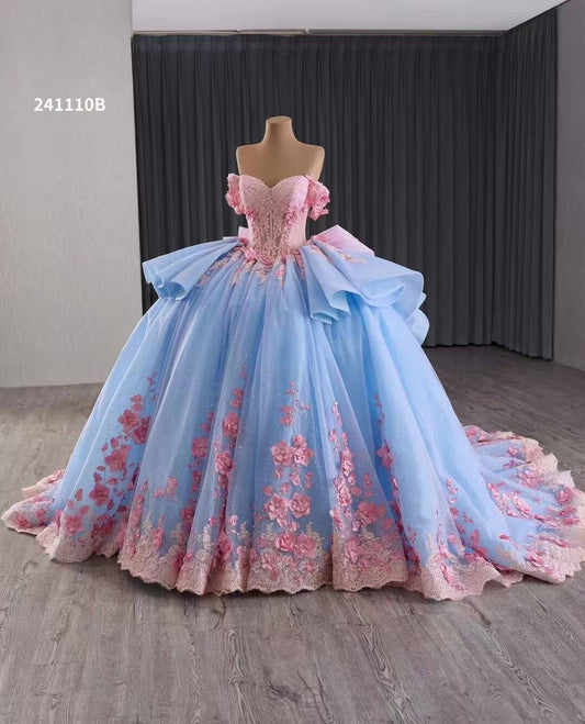 Luxury Model Pink Flower Light Blue Ball Gown Prom Dress 241110B