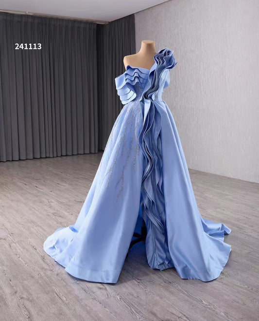 Luxury Model Light Sky Blue A Line Ruffles Stain Formal Evening Dress Prom Gown 241113