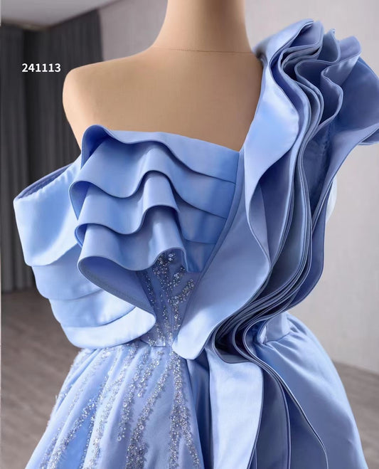 Luxury Model Light Sky Blue A Line Ruffles Stain Formal Evening Dress Prom Gown 241113