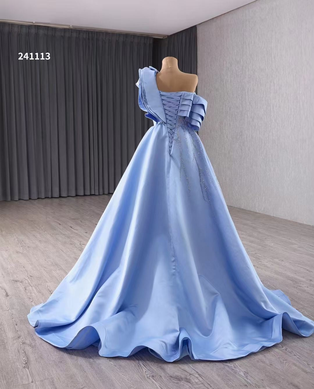 Luxury Model Light Sky Blue A Line Ruffles Stain Formal Evening Dress Prom Gown 241113