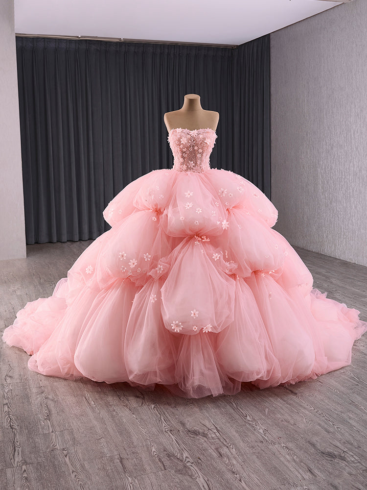 Luxury Model Pink Tiered Flower Ball Gown Quinceanera Dress 241125