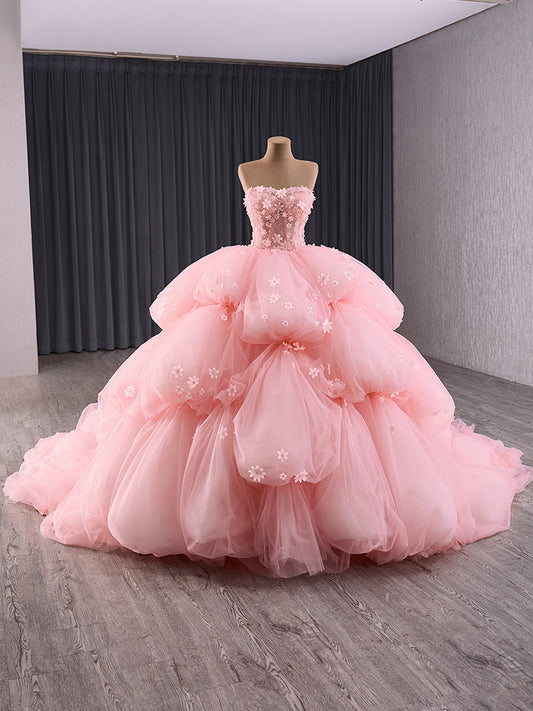 Luxury Model Pink Tiered Flower Ball Gown Quinceanera Dress 241125