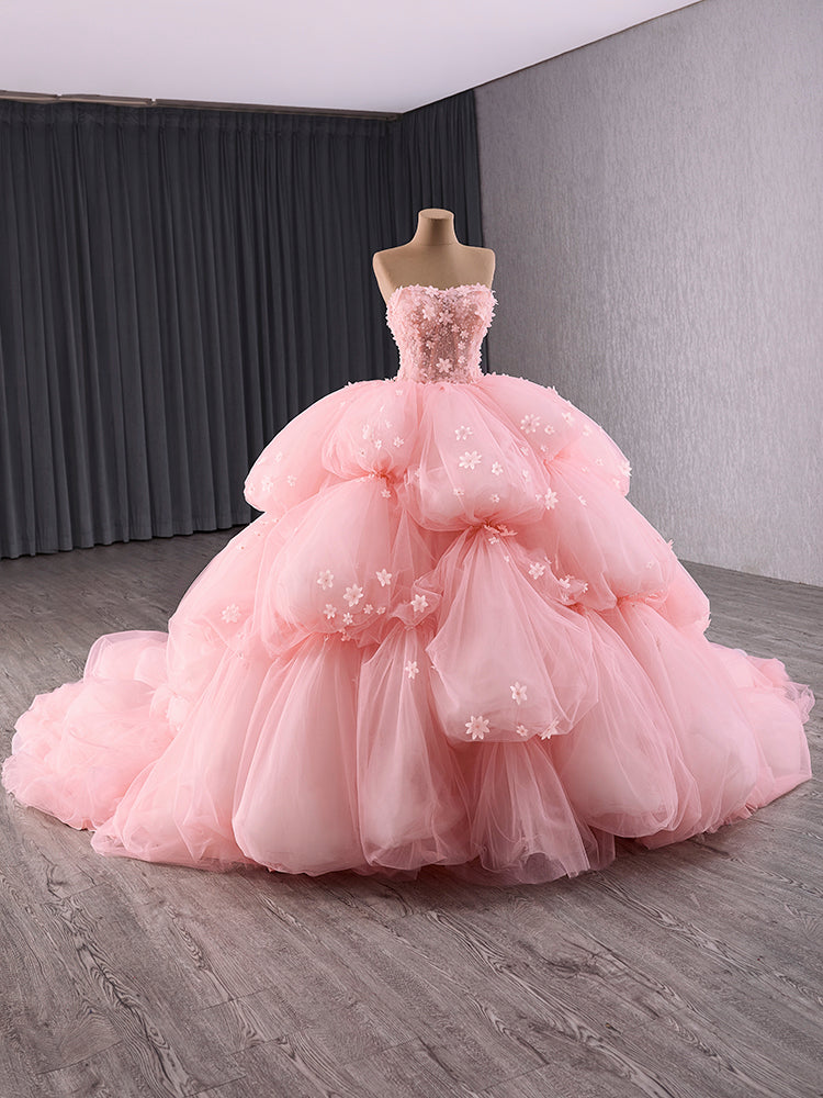 Luxury Model Pink Tiered Flower Ball Gown Quinceanera Dress 241125