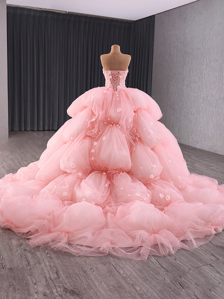 Luxury Model Pink Tiered Flower Ball Gown Quinceanera Dress 241125