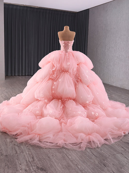 Luxury Model Pink Tiered Flower Ball Gown Quinceanera Dress 241125