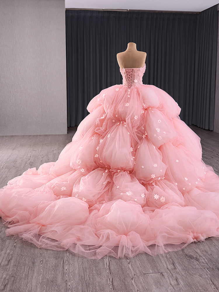 Luxury Model Pink Tiered Flower Ball Gown Quinceanera Dress 241125