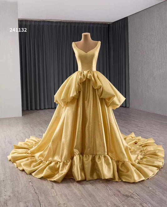 Luxury Model Gold A Line Long Prom Dress Formal Evening Dress 241132