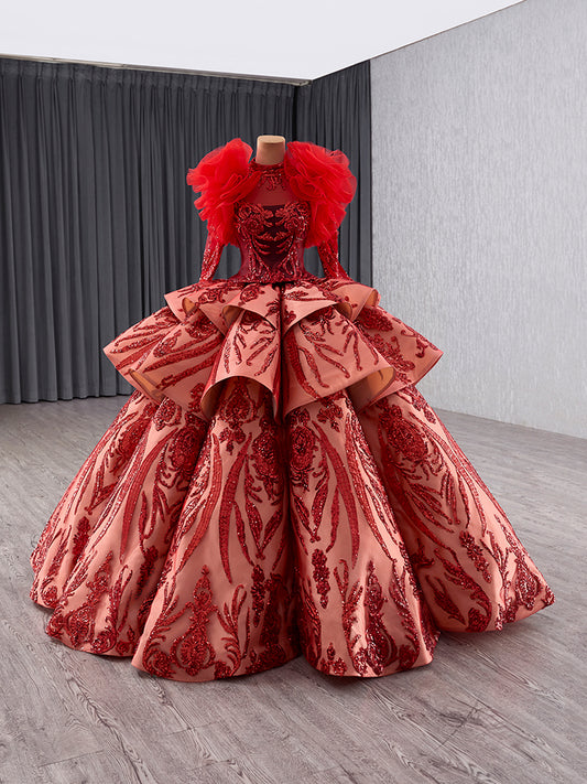 Luxury Model Ruffle Sequin Long Ball Gown Quinceanera Dress 241133