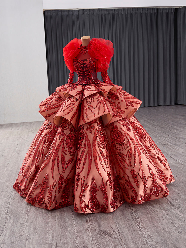 Luxury Model Ruffle Sequin Long Ball Gown Quinceanera Dress 241133