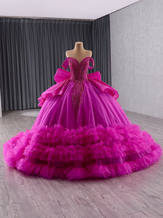 Luxury Model Purple Bow Tiered Long Ball Gown Quinceanera Dress 241144