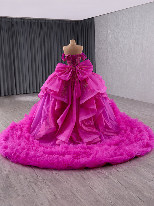 Luxury Model Purple Bow Tiered Long Ball Gown Quinceanera Dress 241144