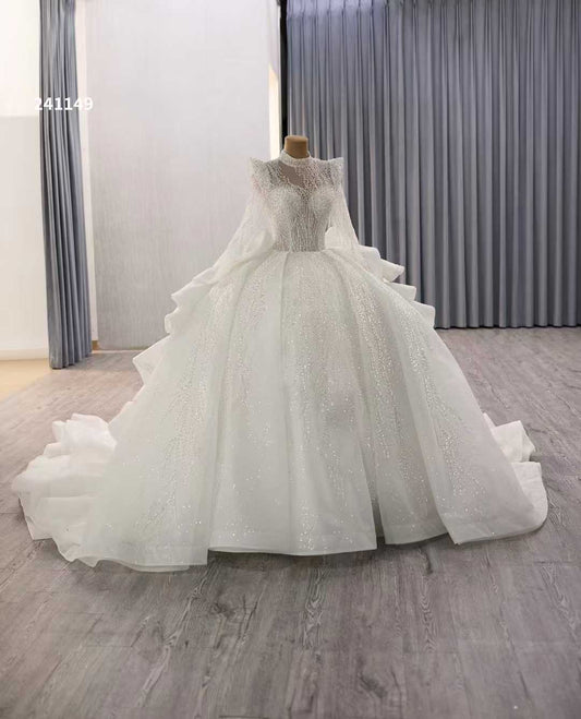 Luxury Model High Neck Long Sleeve Ball Gwon Wedding Dress 241149