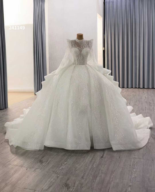 Luxury Model High Neck Long Sleeve Ball Gwon Wedding Dress 241149