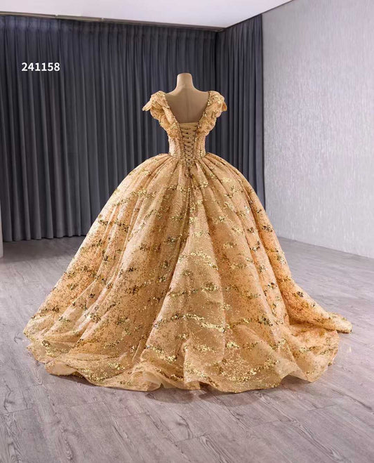 Luxury Model Gold Tiered Glitter Long Ball Gown Quinceanera Dress 241158