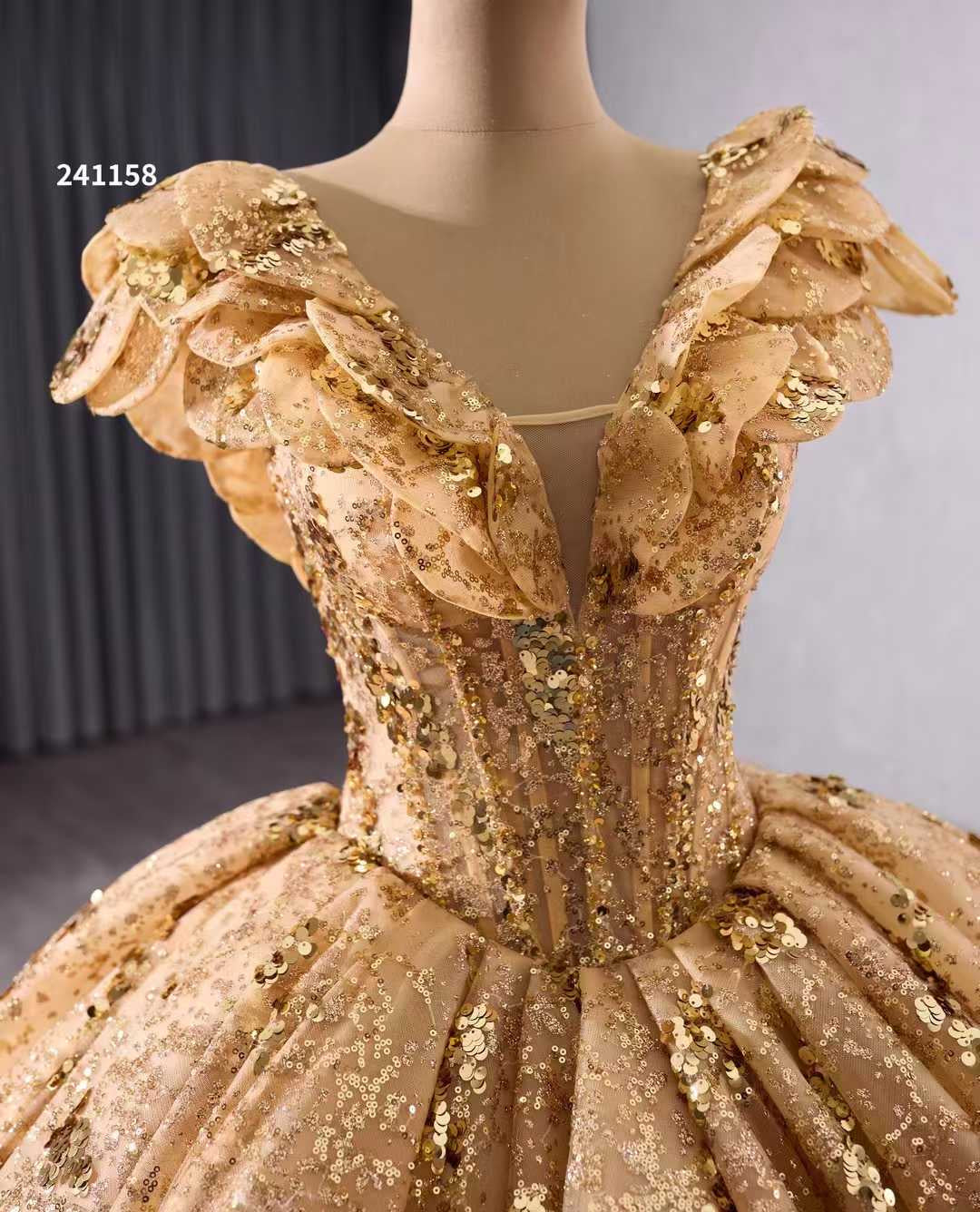 Luxury Model Gold Tiered Glitter Long Ball Gown Quinceanera Dress 241158