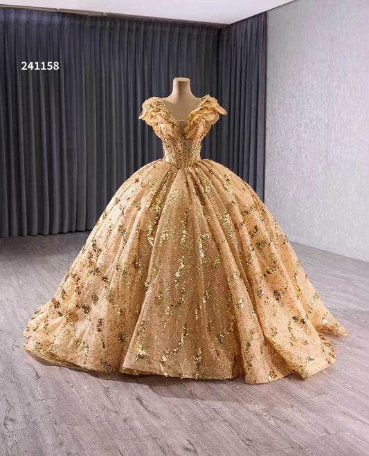 Luxury Model Gold Tiered Glitter Long Ball Gown Quinceanera Dress 241158