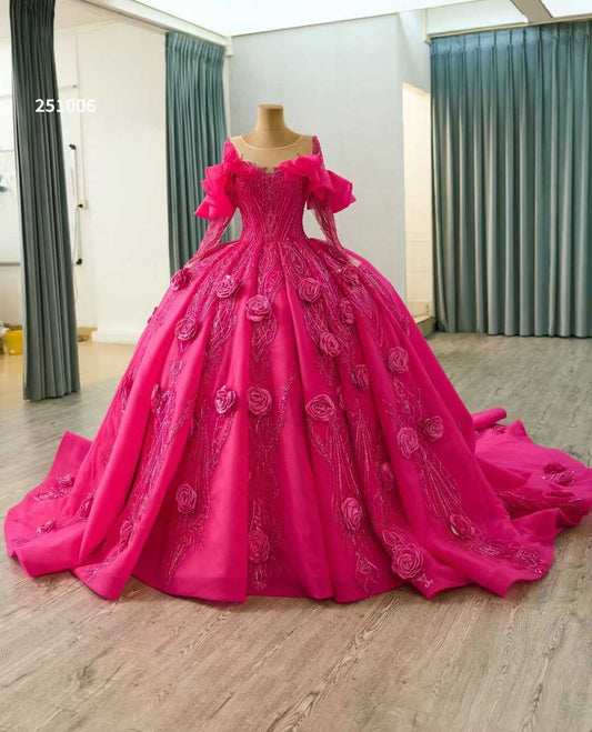 Luxury Model Hot Pink Long Sleeve Flower Ball Gown Quinceanera Dress 251006