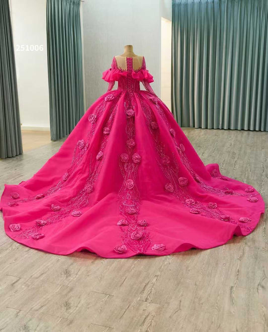 Luxury Model Hot Pink Long Sleeve Flower Ball Gown Quinceanera Dress 251006