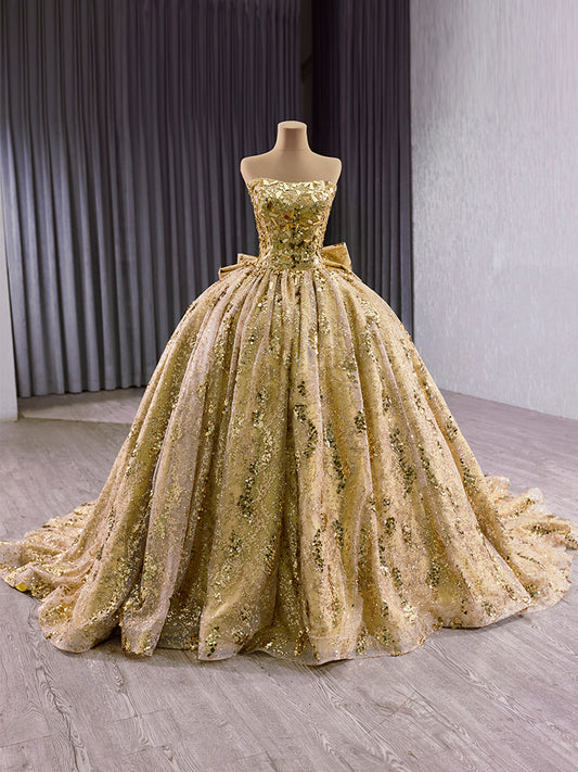 Luxury Model Gold Bow Sleeveless Long Ball Gown Quinceanera Dress 251009