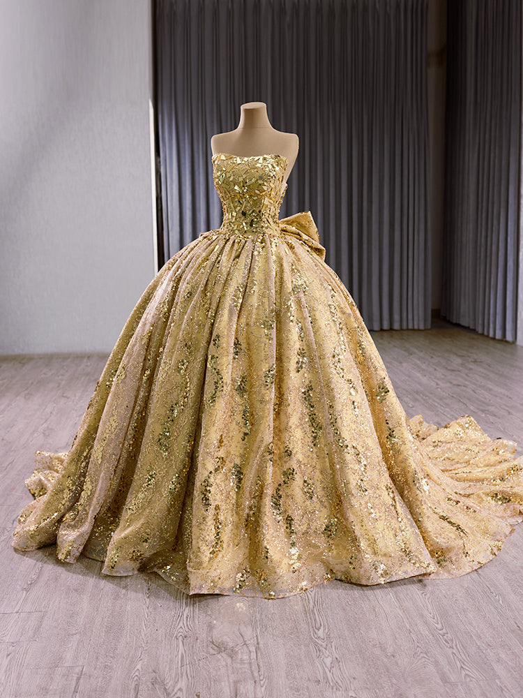 Luxury Model Gold Bow Sleeveless Long Ball Gown Quinceanera Dress 251009