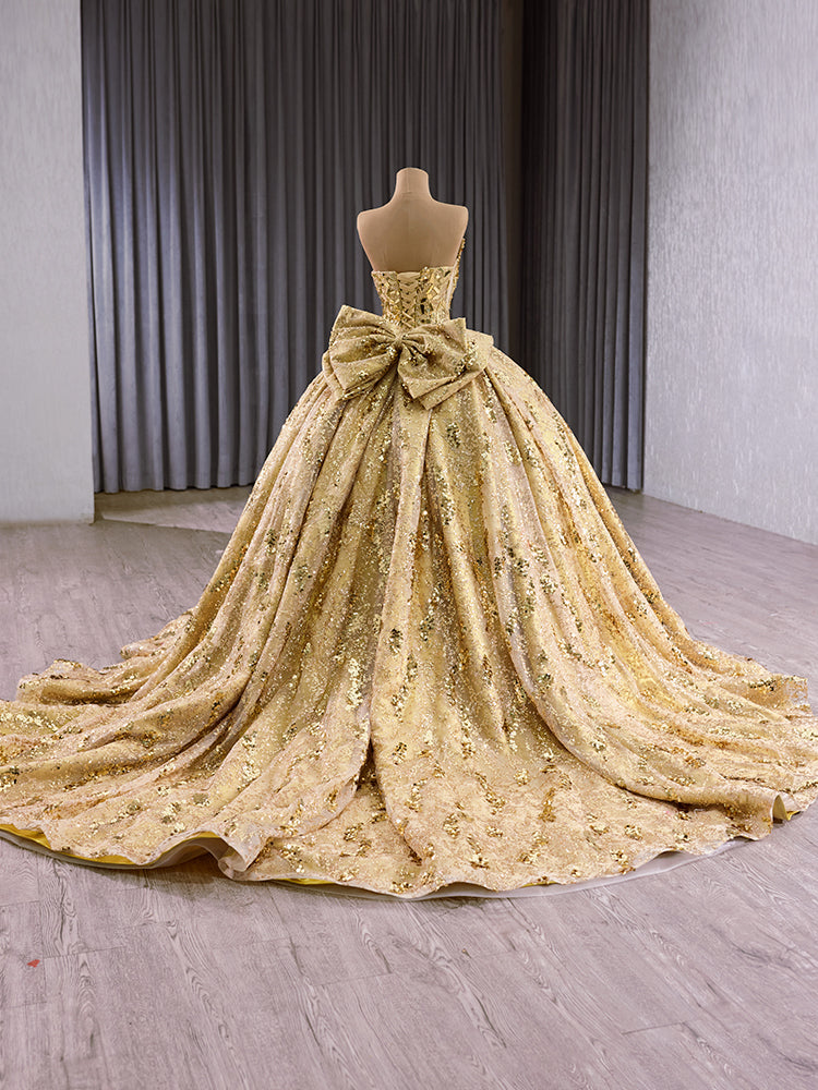 Luxury Model Gold Bow Sleeveless Long Ball Gown Quinceanera Dress 251009