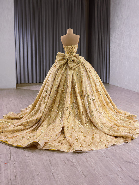 Luxury Model Gold Bow Sleeveless Long Ball Gown Quinceanera Dress 251009