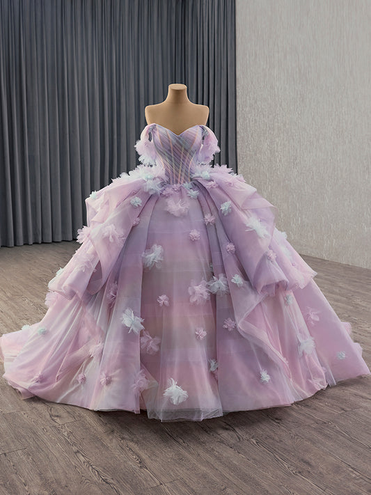 Luxury Model Off The Shoulder Flower Sleeveless Tiered Ball Gown Quinceanera Dress 251010