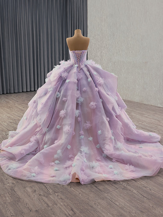 Luxury Model Off The Shoulder Flower Sleeveless Tiered Ball Gown Quinceanera Dress 251010