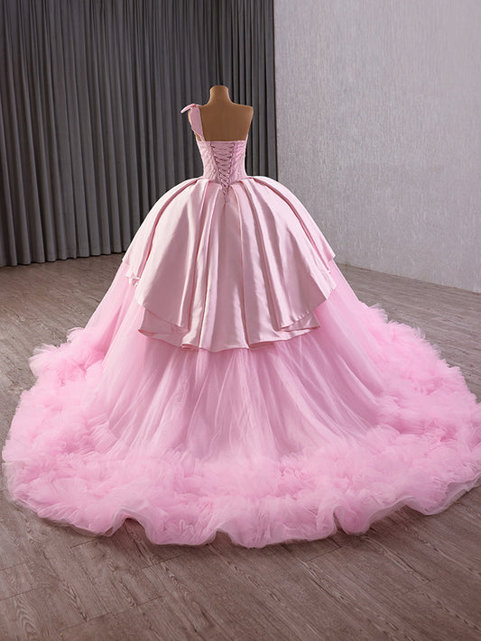 Luxury Model Pink Spaghetti Strap Bow Sleeveless Tiered Ball Gown Quinceanera Dress 251015