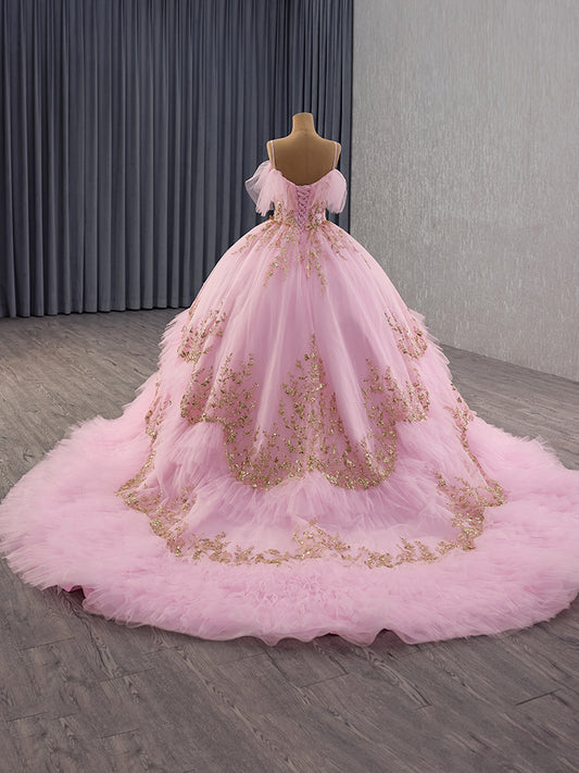 Luxury Model Spaghetti Strap Sleeveless Tiered Ball Gown Quinceanera Dress 251016
