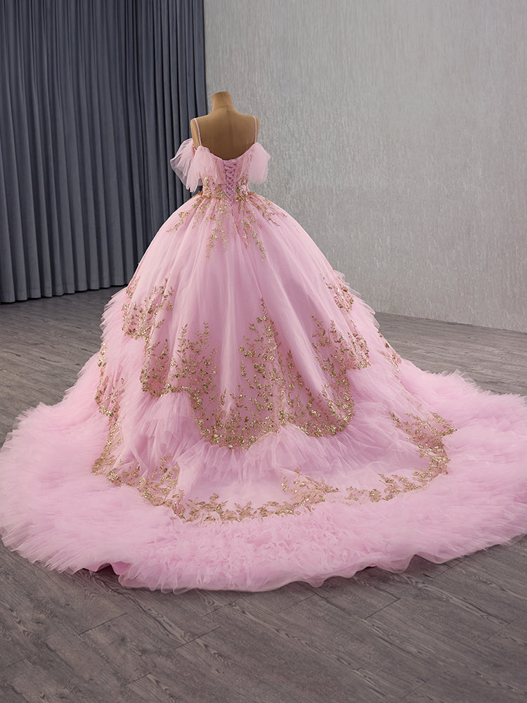 Luxury Model Spaghetti Strap Sleeveless Tiered Ball Gown Quinceanera Dress 251016