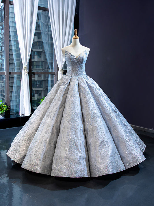 Luxury Model Sliver Grey V Neck Sleeveless Ball Gown Prom Dress 66570