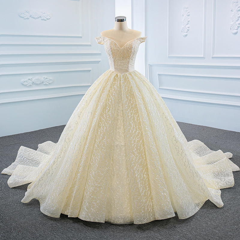 Luxury Model Champange Off The Shoulder Ball Gown Wedding Dress 66670