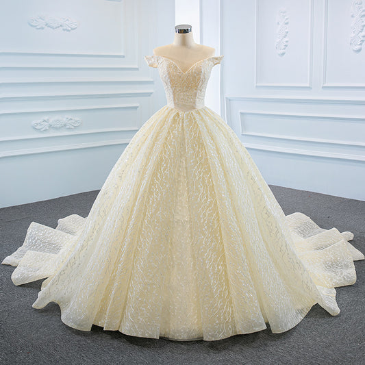 Luxury Model Champange Off The Shoulder Ball Gown Wedding Dress 66670