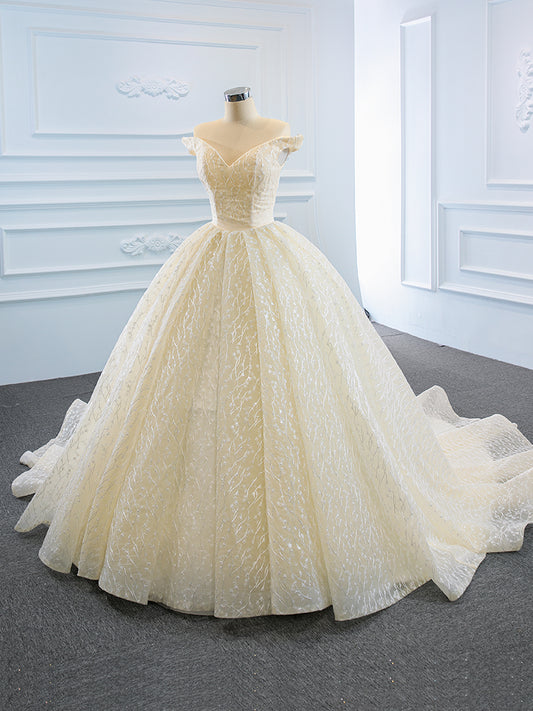 Luxury Model Champange Off The Shoulder Ball Gown Wedding Dress 66670
