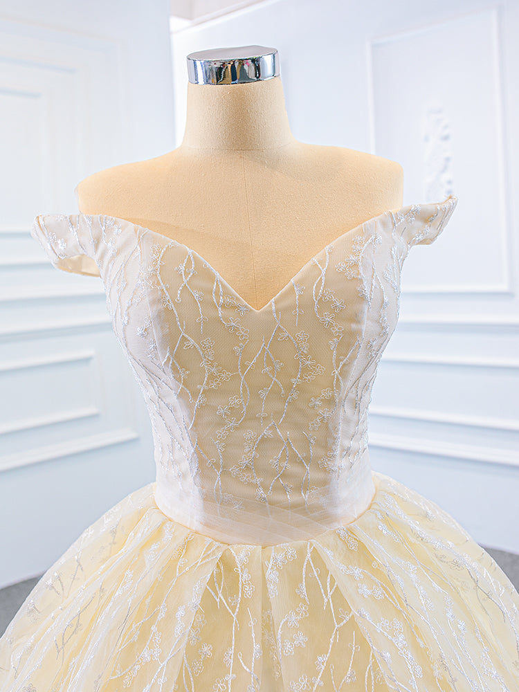 Luxury Model Champange Off The Shoulder Ball Gown Wedding Dress 66670