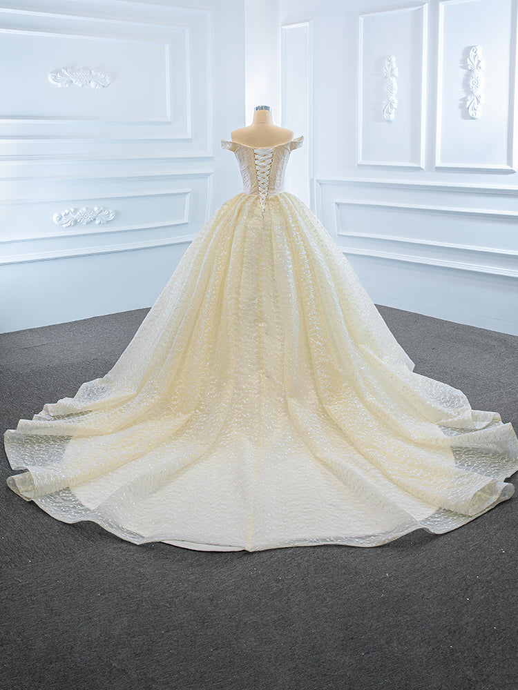 Luxury Model Champange Off The Shoulder Ball Gown Wedding Dress 66670