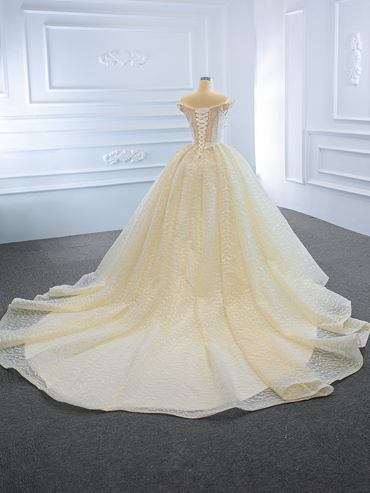Luxury Model Champange Off The Shoulder Ball Gown Wedding Dress 66670