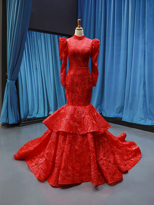 Luxury Model High Neck Long Sleeve Mermiad Prom Dress Formal Gown 66676