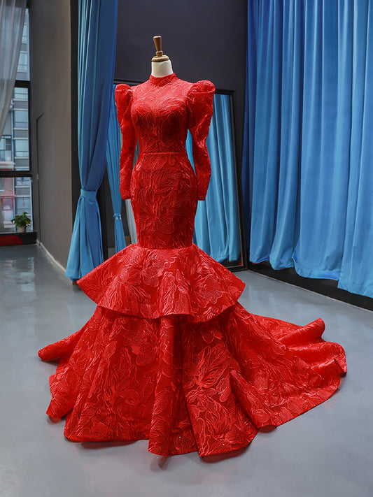 Luxury Model High Neck Long Sleeve Mermiad Prom Dress Formal Gown 66676