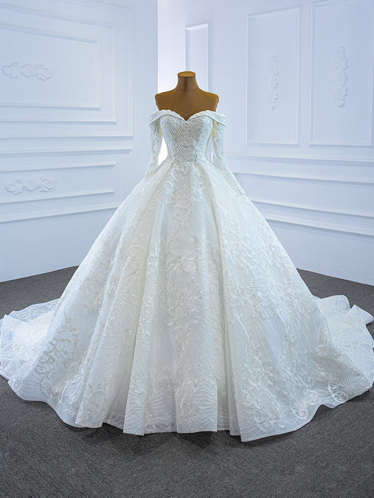 Luxury Model Off Shoulder Long Sleeve Ball Gown Wedding Dress 66684