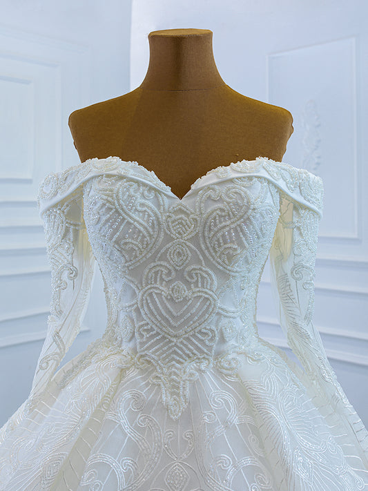 Luxury Model Off Shoulder Long Sleeve Ball Gown Wedding Dress 66684