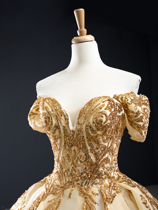Luxury Model Gold Sweetheart Neck Sleeveless Ball Gown Prom Dress 66709