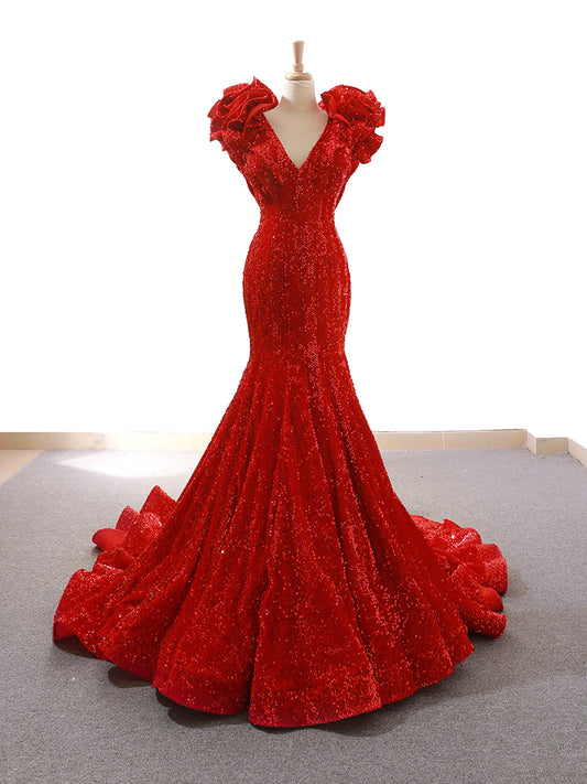Luxury Model Red V Neck Sleeveless Mermaid Prom Dress Formal Evening Dress 66736