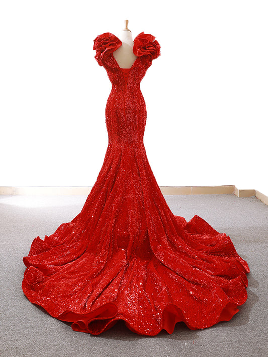 Luxury Model Red V Neck Sleeveless Mermaid Prom Dress Formal Evening Dress 66736