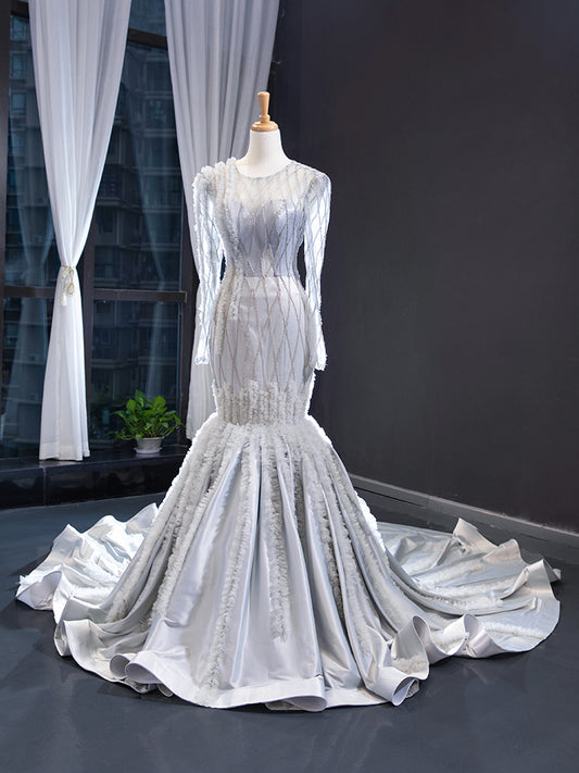 Luxury Model Sliver Grey Mermaid Long Formal Evening Dress Prom Gown 66861